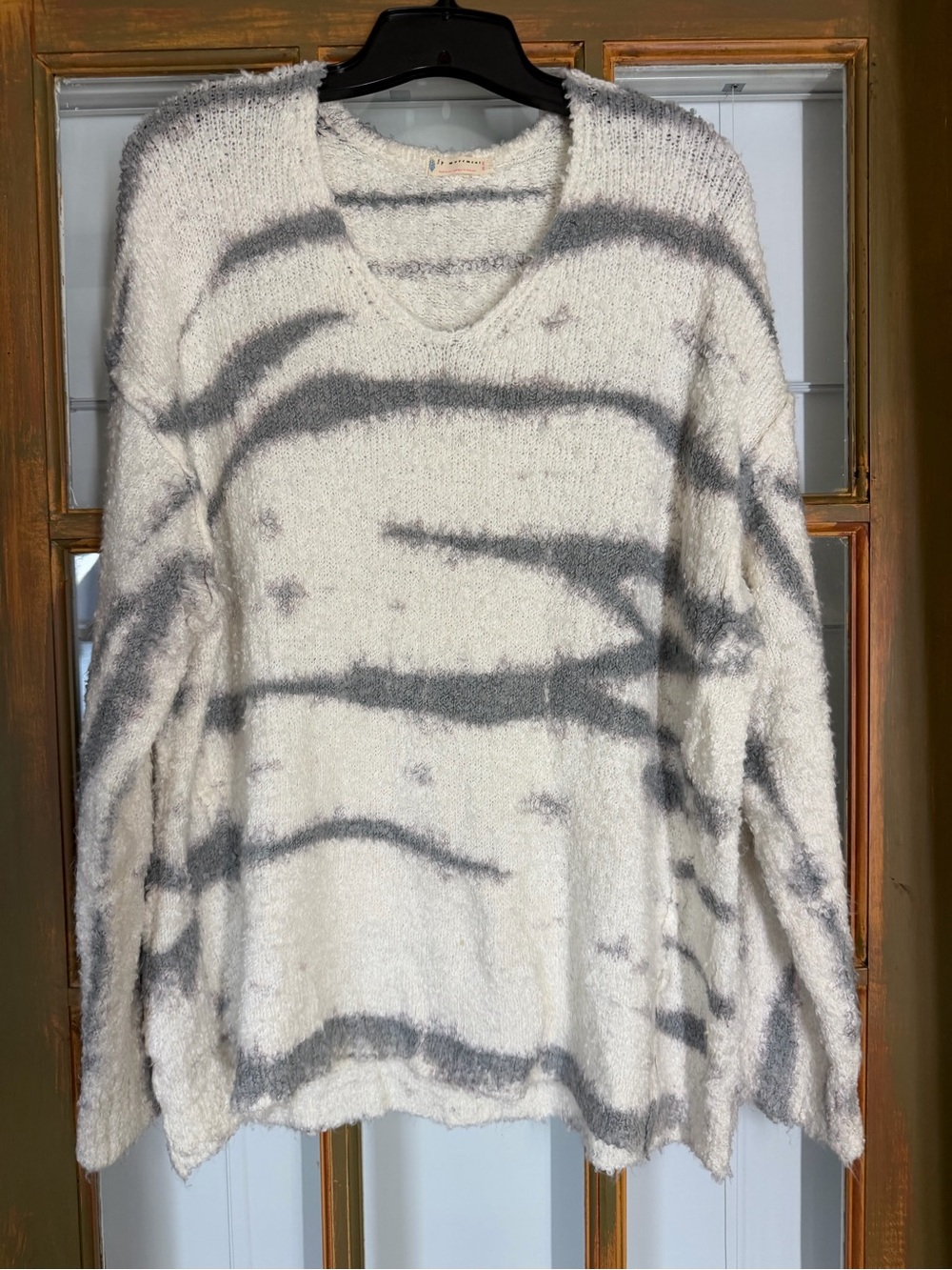 FP Movement by Free People animal print white and Gray V-Neck Pullover Sweater